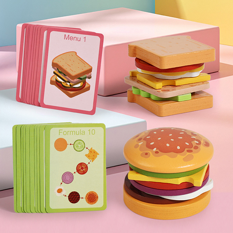 Kids Toys Kitchen - ألعاب خشبية لتكديس ساندويتشات هامبورغ للأطفال